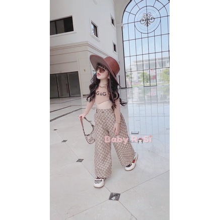 Sét áo yếm tay đai kèm quần ống rộng GG cho bé gái