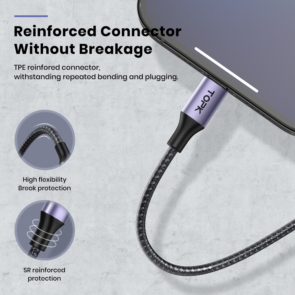 Dây cáp sạc TOPK AP15 20W PD dây bện chất lượng cao thích hợp cho iPhone 13 12 11 Pro Max XR X 8 7 6 Plus iPad