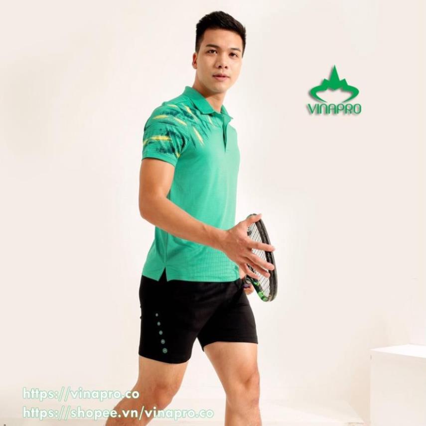 Áo cầu lông nam xanh lá áo bóng bàn tennis polo cổ đức Vinapro A43 chất liệu thun lưới cao cấp