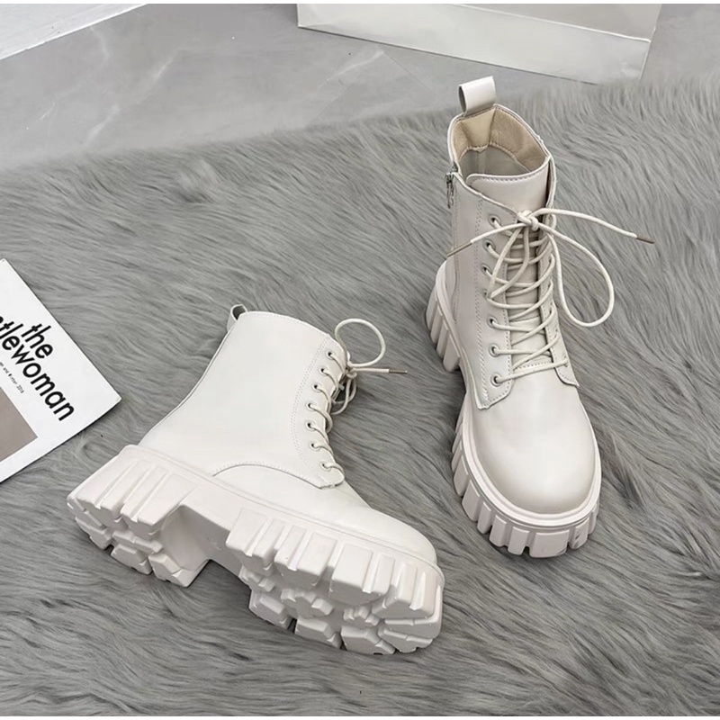 Giày Boot ulzzang bốt nữ cao cổ buộc dây kéo khóa đế cao 6cm màu đen/kem | BigBuy360 - bigbuy360.vn