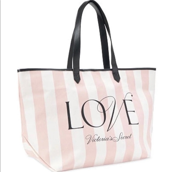 {Chuẩn Auth} {Bill Mỹ} Túi Tote Túi xách Victoria' Secret Striped Love có khóa kéo tiện dụng