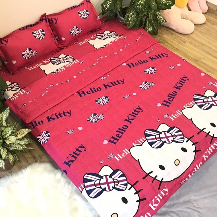 Bộ ga gối Poly cotton HELLO KITTY hồng đậm m6/m8 ( 1 ga + 2 vỏ gối)