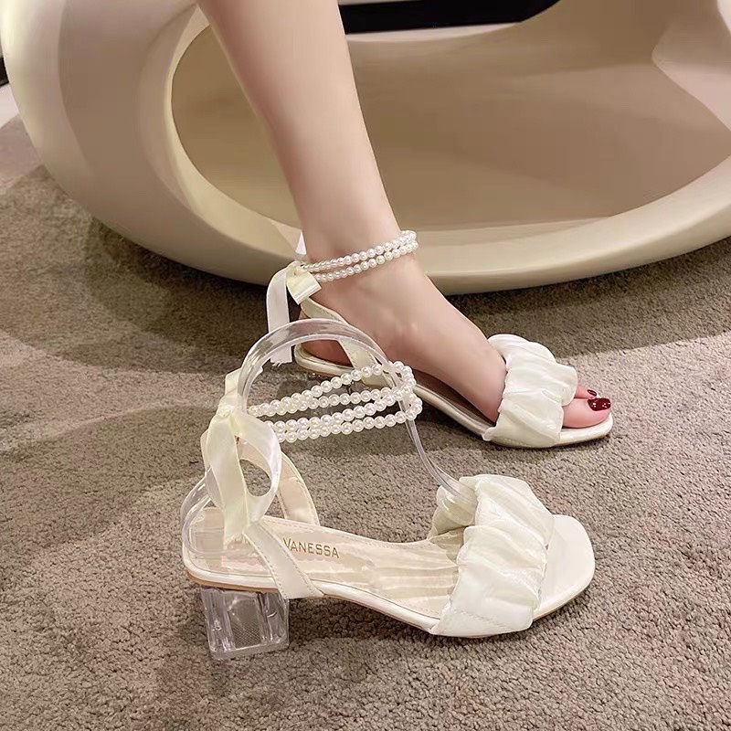 Giày cao gót vuông 5p quai ren dún cột nơ cổ chuỗi [kèm video và ảnh thật]