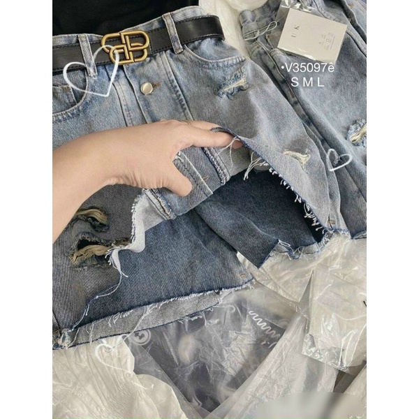 QUẦN GIÁ VÁY NỮ CHÂN VÁY JEANS RÁCH FORM A LƯNG CAO 4 NÚT KÈM QUẦN TRONG