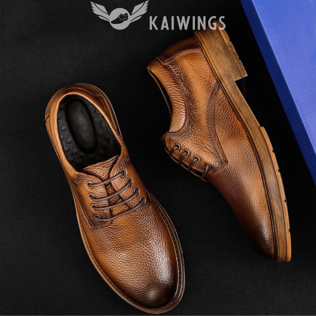 Giày Nam Cổ Thấp Cao Cấp Trẻ Trung Da Bò Thật KAIWINGS Giày Da Nam Buộc Dây Phong Cách GVN10