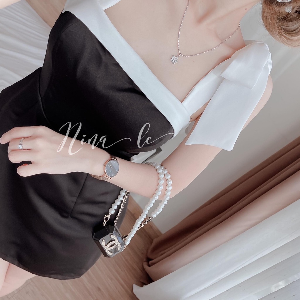 [10.10 Sale Freeship] Đầm cổ vuông 2 dây thắt nơ bản to, Đầm dự tiệc sang trọng thanh lịch, Đầm tiểu thư dáng suông