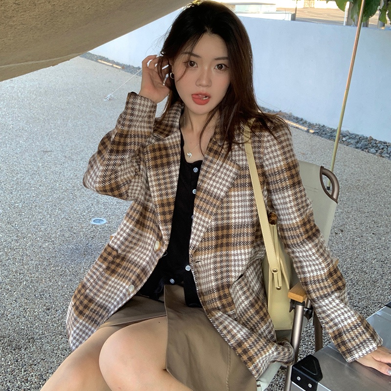 Áo Khoác Len Họa Tiết Kẻ Sọc Phong Cách Vintage Thời Trang Mùa Thu Mới Cho Nữ