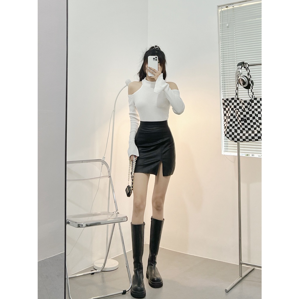Áo croptop nữ khoét yếm HHVINTAGE kiểu tay loe xẻ Top A21