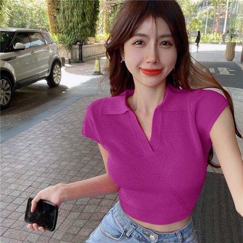 áo len dệt kim cổ V basic tay hến dáng croptop (M98#)