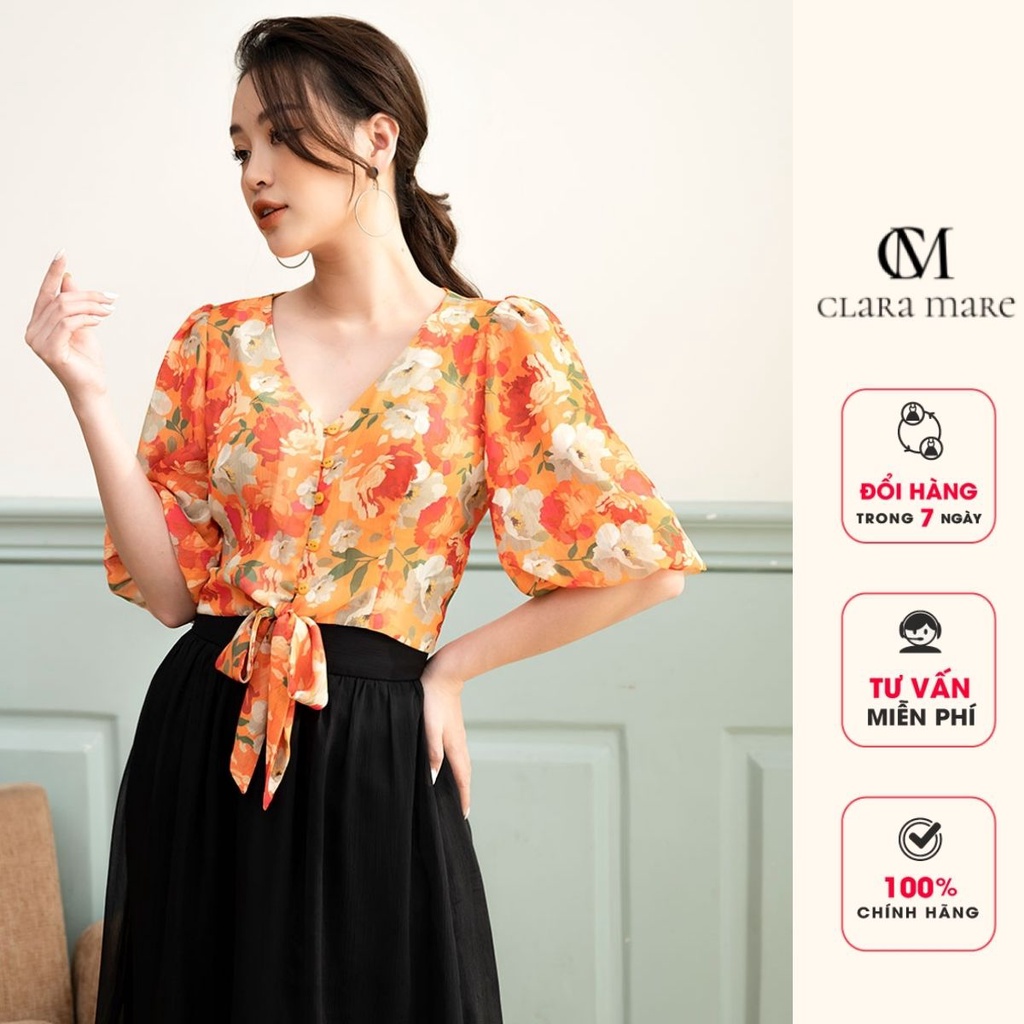 Áo Tay Chuông Buộc Nơ Trước, Kiểu Dáng Croptop Hoạ Tiết Hoa Clara Mare BLS3001