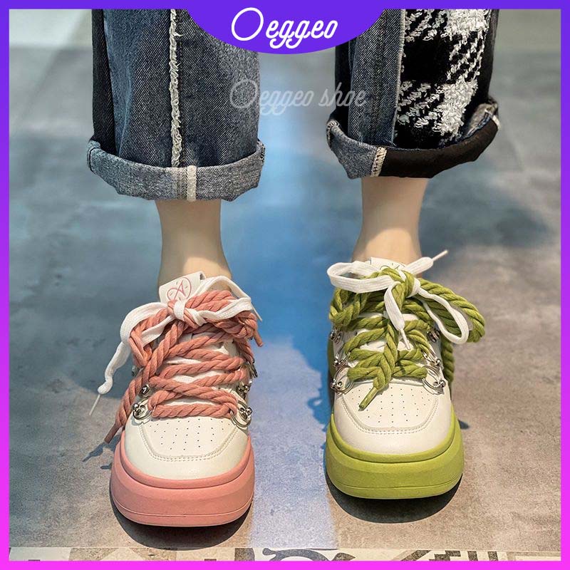 Oeggeo Giày Thể Thao Đế Bằng Cổ Thấp Cột Dây Sáng Tạo Cho Nữ
