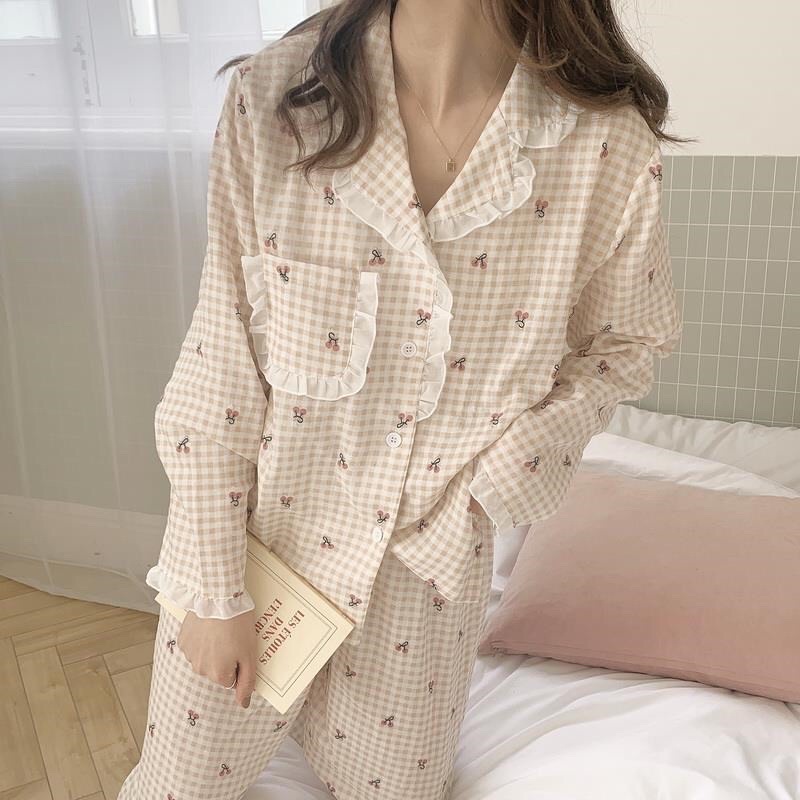 Bộ đồ ngủ đồ mặc ở nhà A21 cotton mềm mại thoáng mát hoạ tiết kẻ ô cherry phối viền bèo đáng trẻ trung 2021