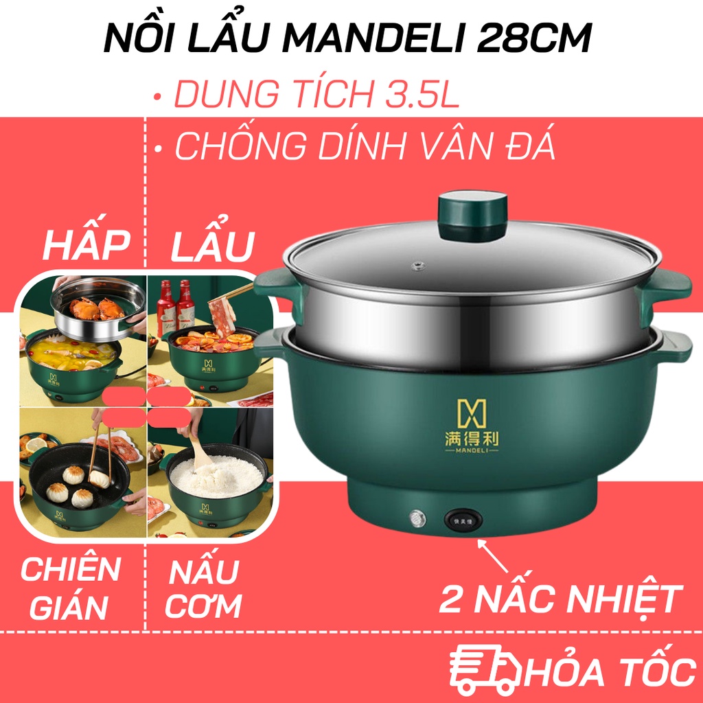Nồi Lẩu Điện Mandeli Size 28cm Kèm Giá Hấp Inox, Bếp Lẩu Điện Đa Năng Chiên, Xào, Nấu Cơm Công Suất Lớn 1000W
