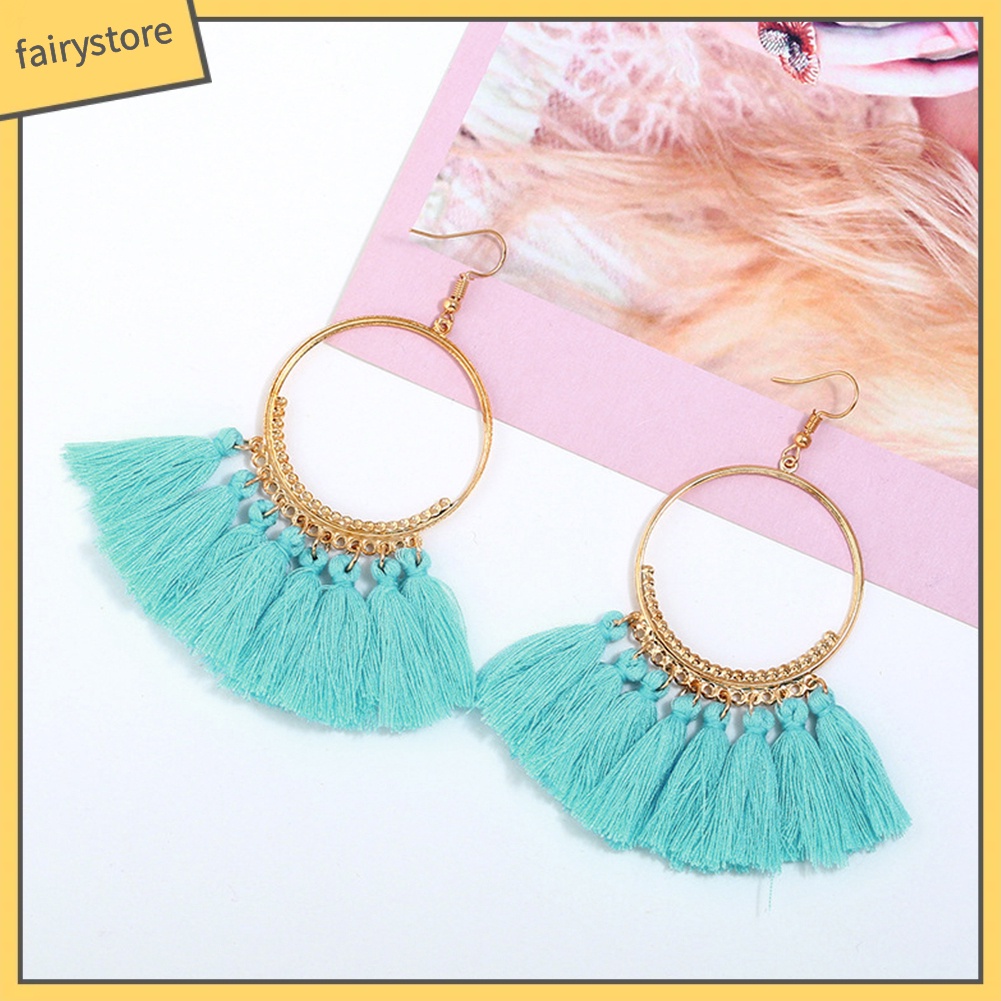 Khuyên Tai Tròn Đính Đá Phối Tua Rua Phong Cách Bohemian