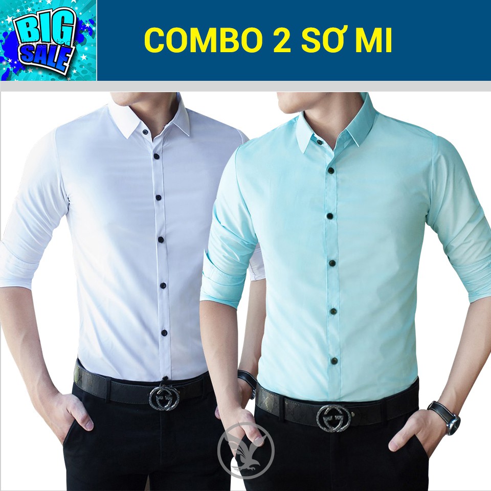 Combo 2 sơ mi (trắng + xanh ngọc) lịch lãm - Dài tay