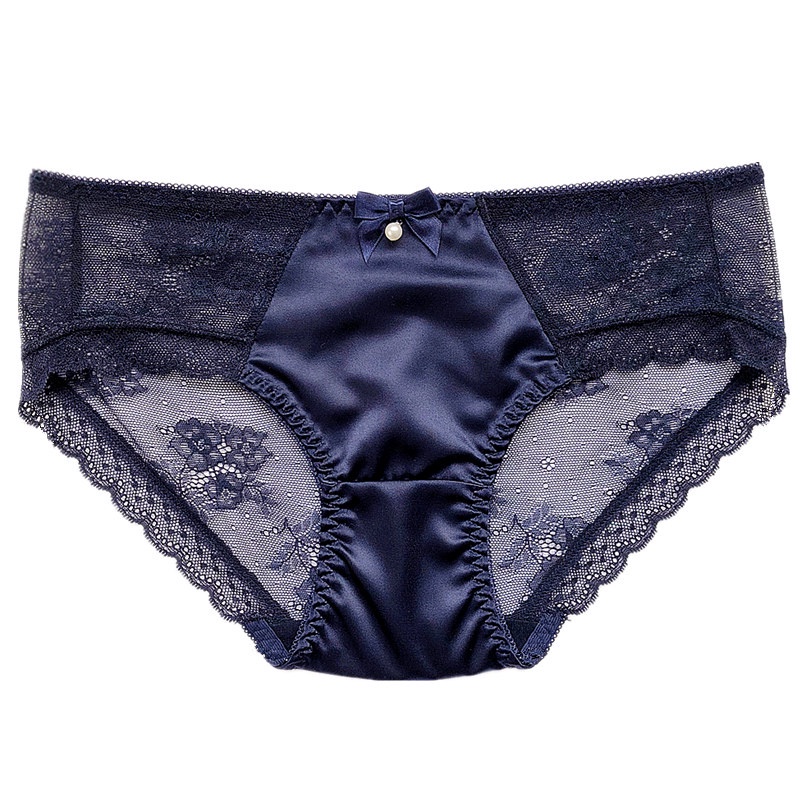 Quần lót cạp thấp vải satin phối ren đính nơ thời trang quyến rũ cho nữ