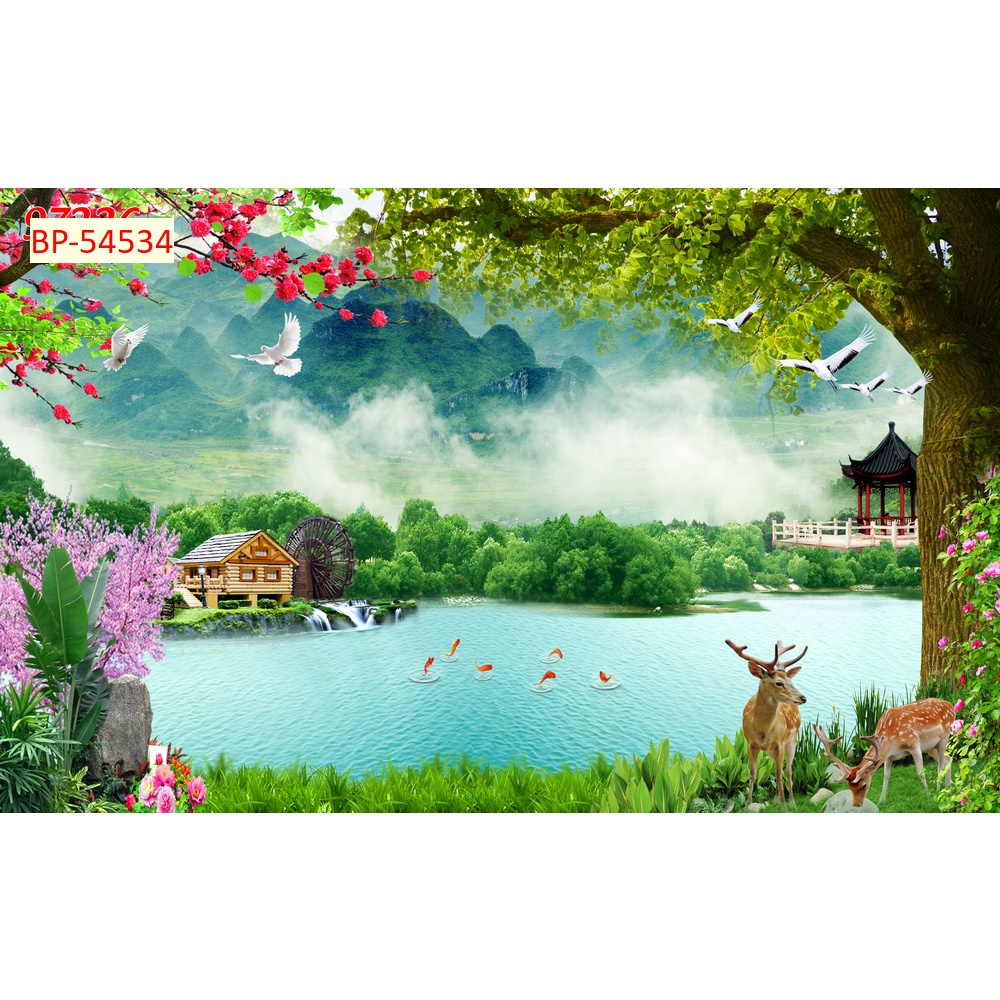 Tranh 3D phong cảnh sông suối nên thơ, cánh đồng hoa nở rộ, mặt hồ xanh biếc tĩnh lặng