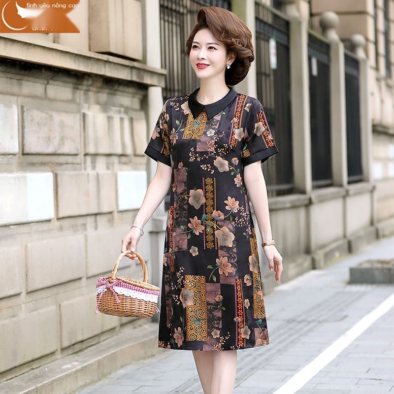 Mẹ bầu khí chất váy voan ngắn tay, váy in họa tiết phong cách phương Tây cho người trung niên và cao tuổi