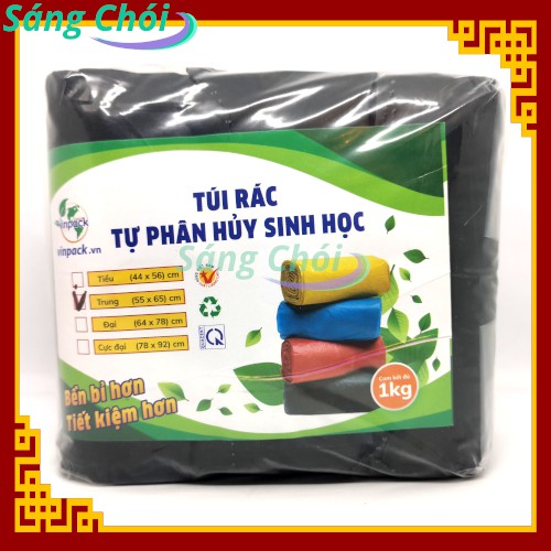 1kg [Size Trung 55 x 65 cm Đựng Thùng 7L] Túi Đựng Rác Cuộn Tự Phân Hủy Sinh Học Đen (Túi Rác 3 Cuộn) - Vinpack