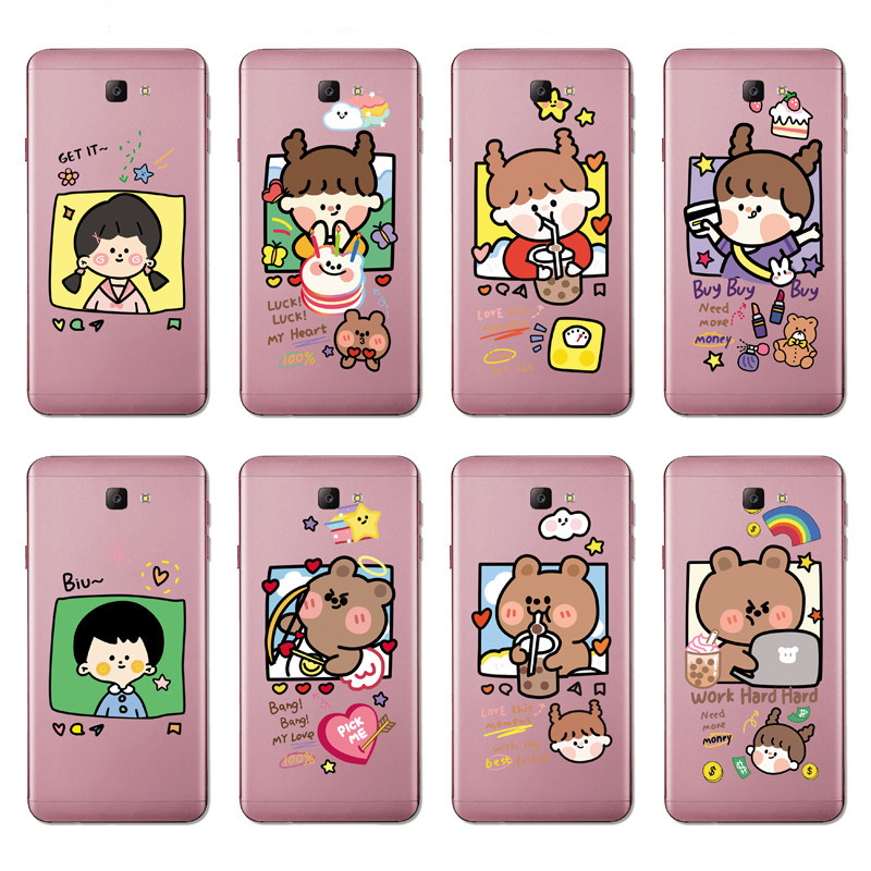 Samsung Galaxy A7 A5 A3 2017/A720 A520 A320 A6S A8S A9 A8 Star INS Cute Cartoon Work hard Brown bear Clear Soft Silicone TPU Phone Casing Lovely label Graffiti Case Back Cover Couple