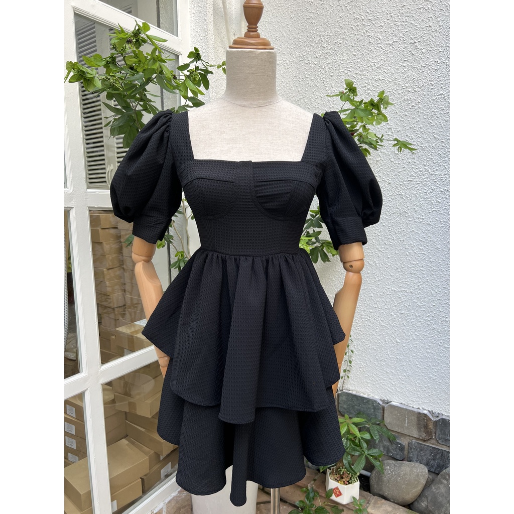 Đầm Đen Dự Tiệc Sang Trọng LOLA VIETNAM Tiểu Thư 2 Tầng Thiết Kế Tay Phồng Cổ Vuông, Váy Lolita DA09