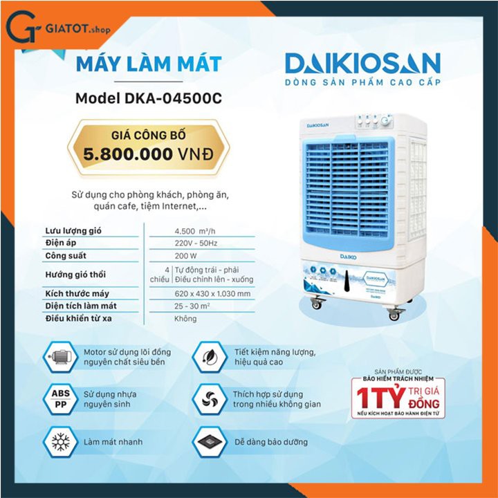 Máy làm mát,quạt điều hòa cao cấp làm mát tự nhiên chính hãng DAIKISAN DKA4500C