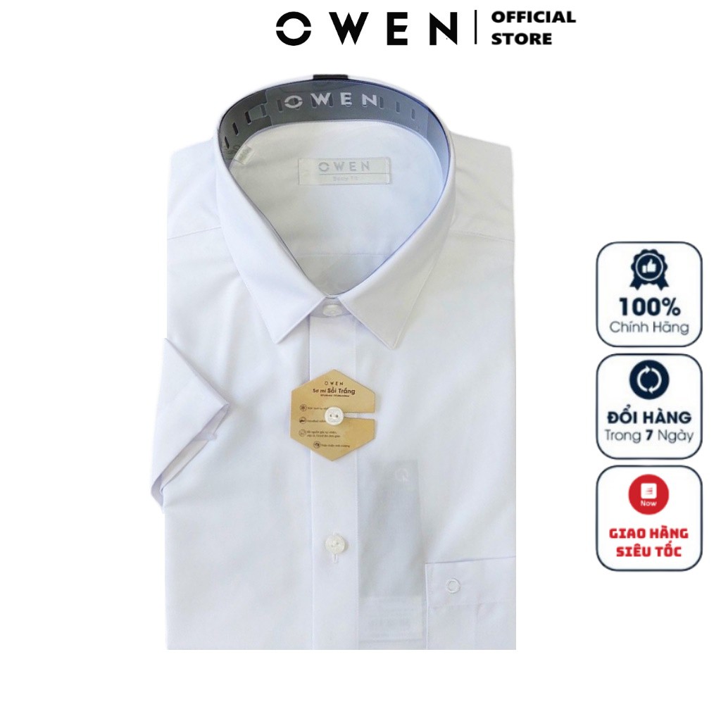 Áo Sơ Mi Trắng Nam Tay Ngắn Owen BA23116N2 Trắng Trơn Kiểu Dáng Body Fit Tà Bằng Chất Liệu Sợi Sồi