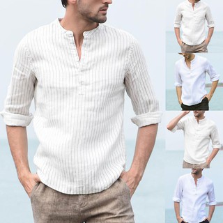 Áo Linen sọc cổ tròn chữ V tay lỡ thời trang cho nam