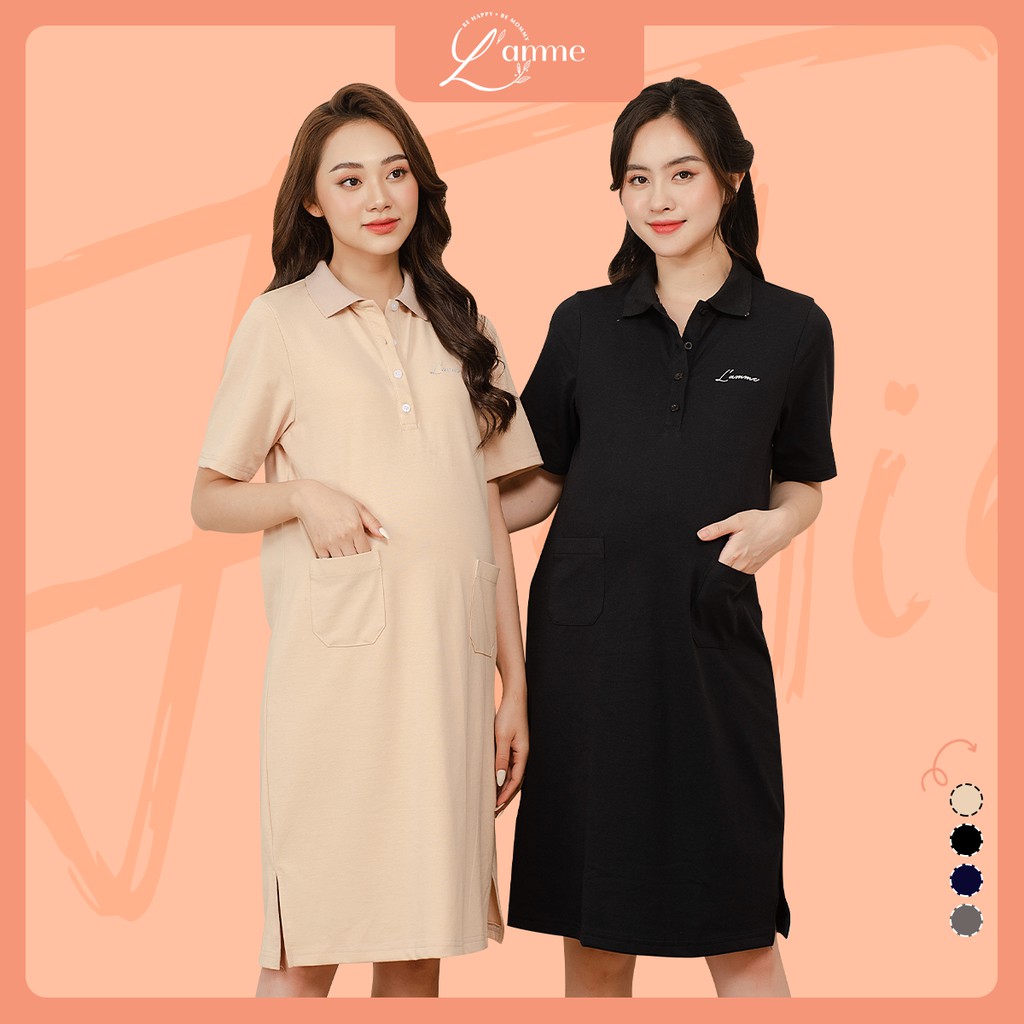 [Mã FATHANG5 giảm 10K đơn 50K] Váy bầu đẹp Polo Dress dáng thể thao dáng suông có cúc tháo rời được thiết kế bởi LAMME