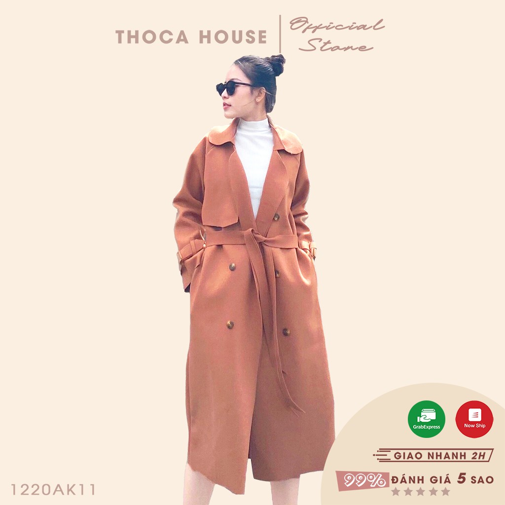 Áo khoác Hàn Quốc măng tô nữ dáng dài THOCA HOUSE hot trend cực xinh có thắt đai, dễ phối đồ