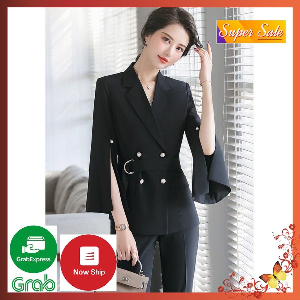 Bộ Vest Tay Xẻ Thắt Eo Cao Cấp - Set Vest Kaki Lụa Công Sở Sang Trọng Cho Nàng Doanh Nhân