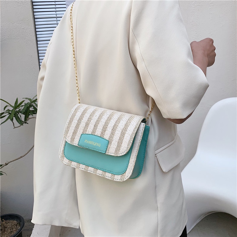 Túi Cói Đeo Chéo Thiết Kế Nhỏ Nhắn Phối Dây Xích Thời Trang Cao Cấp Cho Nữ