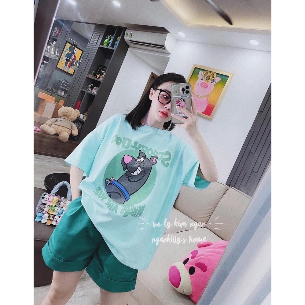 Bộ đồ quần đùi kèm áo phông nữ xanh Chú Chó Tinh Nghịch, sét đồ mặc nhà nữ quần đùi áo thun mặc nhà thể thao năng động