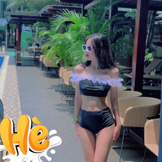 Bikini 2 mảnh đen trễ vai phối bèo trắng dễ thương - ts060
