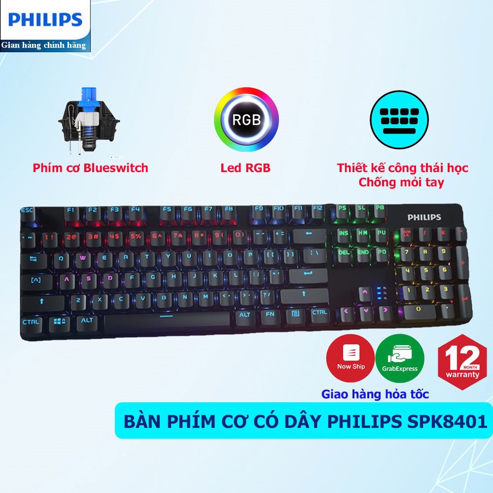 Bàn Phím Cơ Gaming Philips SPK8401, Bàn Phím Có Dây Full Size, Có Tặng Kèm KeyPuller Nhổ Phím, Phiên Bản Blue Switch