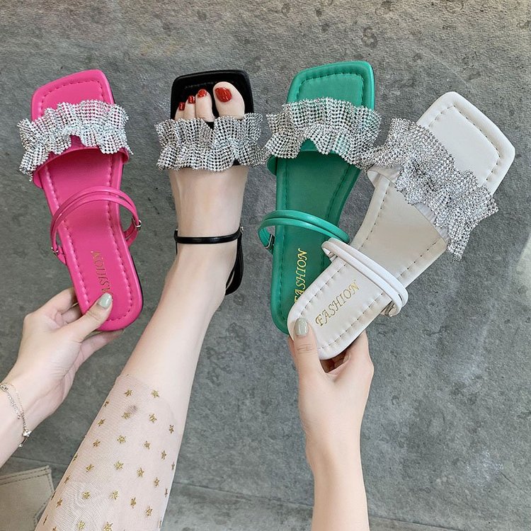 Square Head Metal Decoration Double Belt Two Wear Flat Sandals