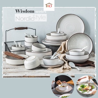Bộ bát đĩa sứ Wisdom phong cách Bắc Âu cao cấp họa tiết muối tiêu 42 món