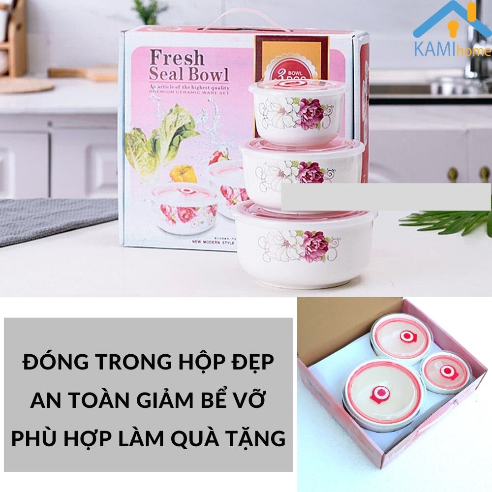 Hộp đựng cơm văn phòng gồm 3 bát Sứ chịu nhiệt-Nắp chống tràn bảo quản thực phẩm mã 20020