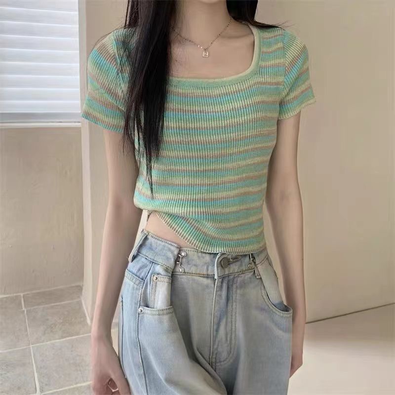 Áo Thun Tay Ngắn Cổ Vuông Họa Tiết Sọc Màu Sắc Tương Phản Thời Trang Mùa Hè Cho Nữ