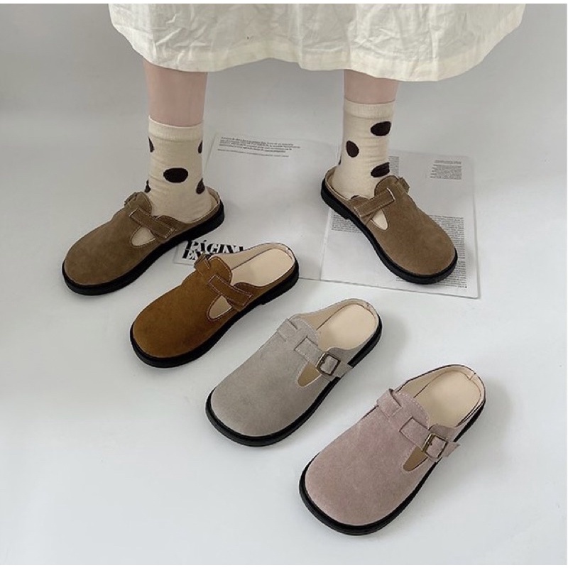 Giày lười sục da lộn đế bằng dễ thương ấm áp phong cách Douyin Yannie Lolita