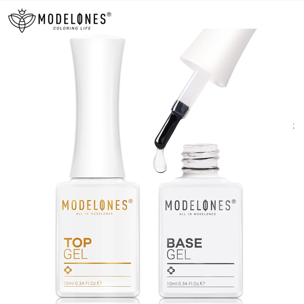 Modelones no wipe gel top base coat set 2pcs 10ml clear shine finish long lasting gel top coat base coat for gel nail polish ngâm off uv / led top coat gel nail polish