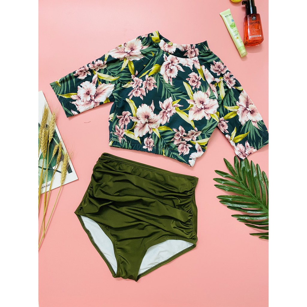 Bikini 2 mảnh lỡ tay hoa lá quần dúm rêu mặc đi biển đi bơi đẹp