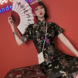 //SỈ BẰNG Lẻ // Đầm Sườn xám cách tân đen rồng phượng uzzang xẻ cổ đại Trung hoa dành cho nữ