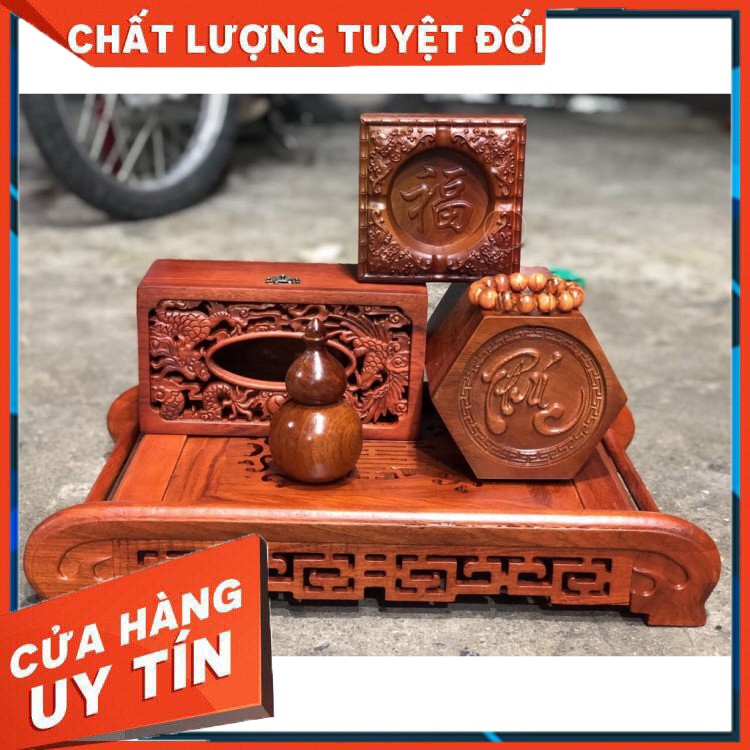 Combo 5 món Khay trà,Gạt tàn rồng,Hộp chè chữ phúc,Ống tăm bầu,Hộp giấy ăn long phụng gỗ hương giá rẻ