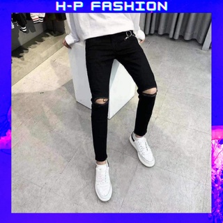 Quần jean nam rách gối màu đen Hpfashion, Quần bò nam rách gối vải jean co giãn mềm mịn, form cực chuẩn - QJNTCS50