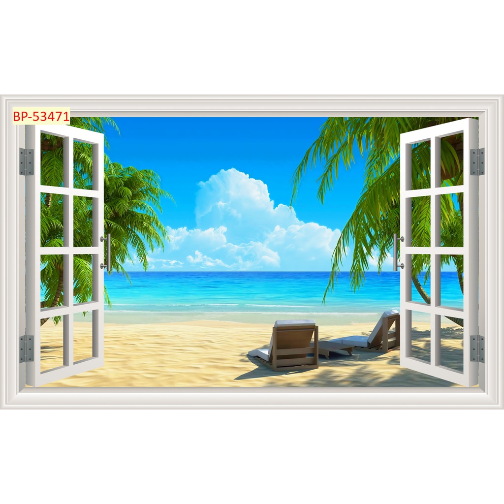 Tranh dán tường 3D khung cửa sổ thiên nhiên trong lành