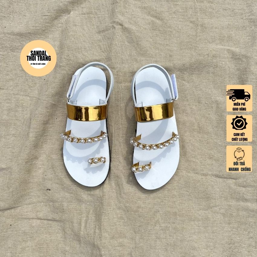 Giày sandal nữ xỏ ngón đế bệt bóng vàng đính đá full size 30-42 nữ SADNALTHOITRANG