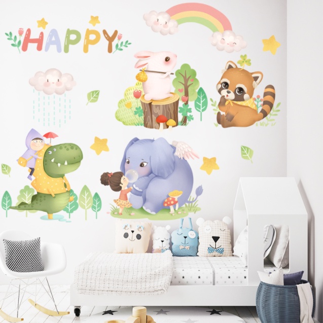 Decal trang trí tường - Những người bạn thú dễ thương Happy