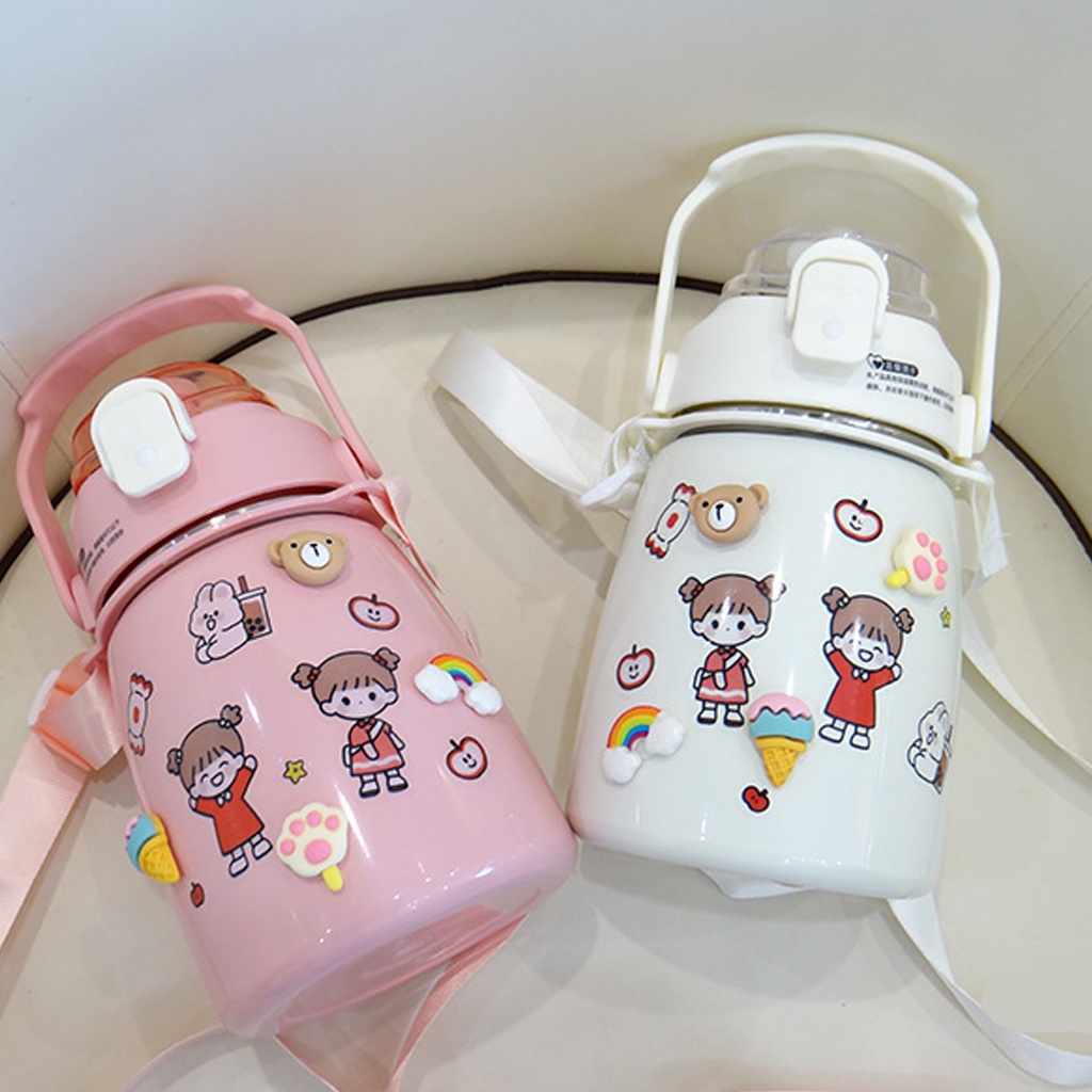 Bình giữ nhiệt 1000ml bình nước có ống hút giữ nhiệt 12h tặng Sticker trang trí