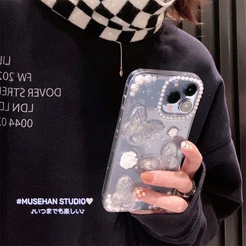 For iphone 14 pro max Ốp điện thoại trong suốt họa tiết hoa và bướm cho for  iPhone 13 Pro Max Xsmax 7 8plus X Xr 11 12 11pro 12promax